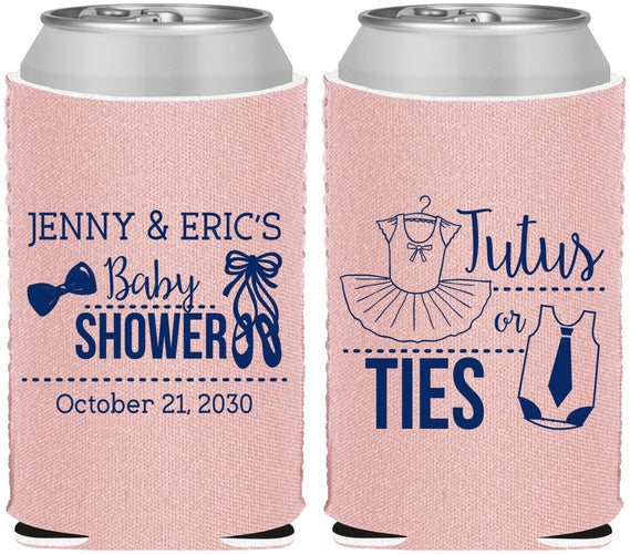 Custom Baby Shower Neoprene Can Coolers - Gender Reveal Tutus Or Ties | 90033