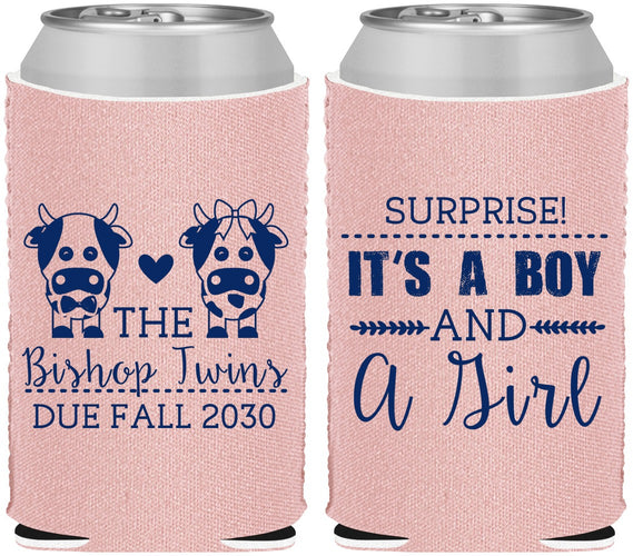 Custom Baby Shower Neoprene Can Coolers - Twins Baby Cows | 90067