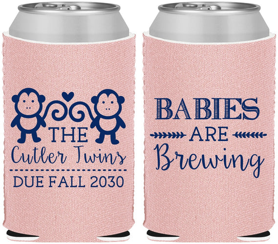 Custom Baby Shower Neoprene Can Coolers - Twins Baby Monkeys | 90068