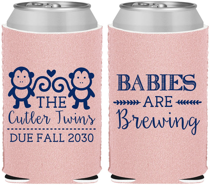 Custom Baby Shower Neoprene Can Coolers - Twins Baby Monkeys | 90068
