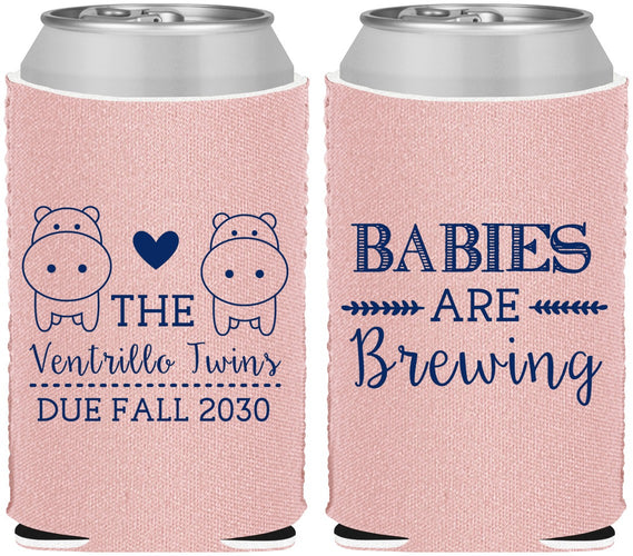 Custom Baby Shower Neoprene Can Coolers - Twins Baby Hippos | 90069