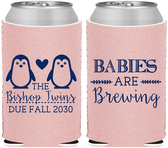 Custom Baby Shower Neoprene Can Coolers - Twins Baby Penguins | 90070