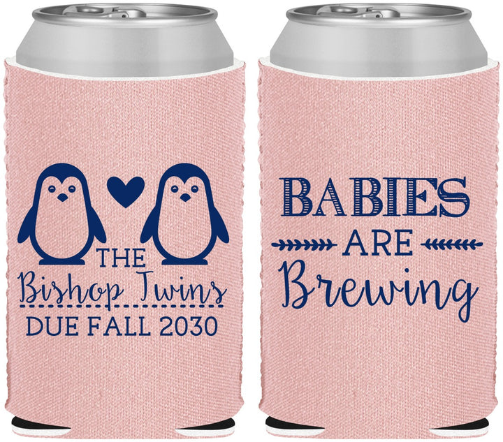 Custom Baby Shower Neoprene Can Coolers - Twins Baby Penguins | 90070