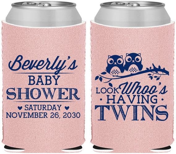 Custom Baby Shower Neoprene Can Coolers - Twins Baby Owls | 90074