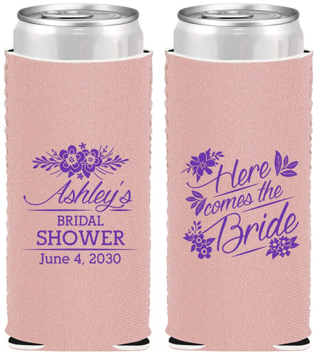 Custom Bridal Shower Neoprene Slim Can Coolers - Here Comes The Bride | 100000