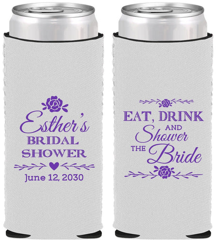 Custom Bridal Shower Neoprene Slim Can Coolers - Eat Drink Shower Bride | 100002