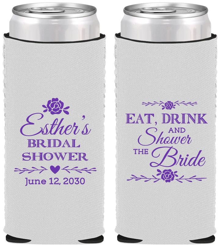 Custom Bridal Shower Neoprene Slim Can Coolers - Eat Drink Shower Bride | 100002