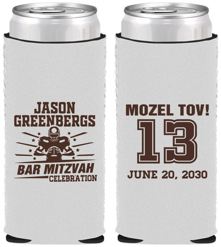 Custom Bar Mitzvah Neoprene Slim Can Coolers - 13th Birthday Football | 110002