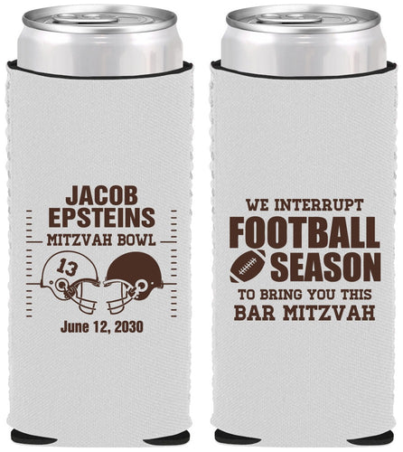 Custom Bar Mitzvah Neoprene Slim Can Coolers - 13th Birthday Football | 110003