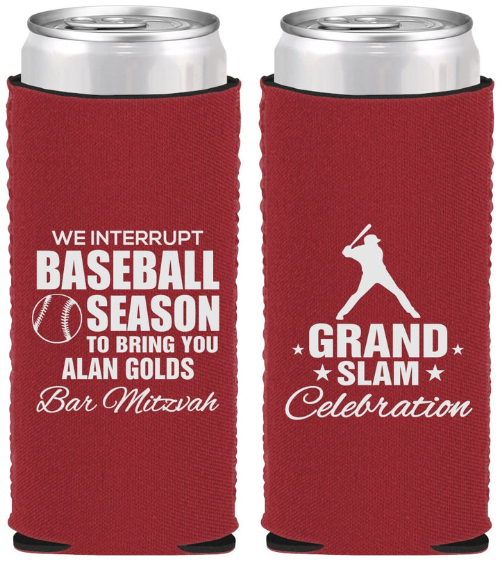 Custom Bar Mitzvah Neoprene Slim Can Coolers - 13th Birthday Baseball | 110004
