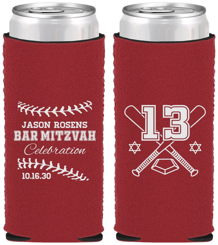 Custom Bar Mitzvah Neoprene Slim Can Coolers - 13th Birthday Baseball | 110005
