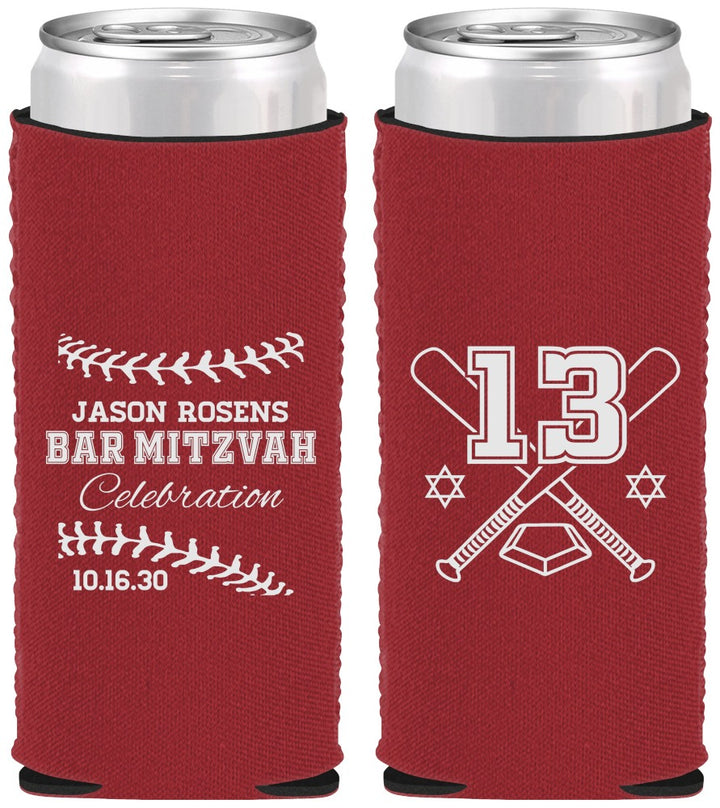Custom Bar Mitzvah Neoprene Slim Can Coolers - 13th Birthday Baseball | 110005
