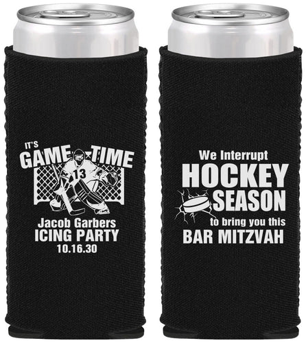 Custom Bar Mitzvah Neoprene Slim Can Coolers - 13th Birthday Hockey | 110006