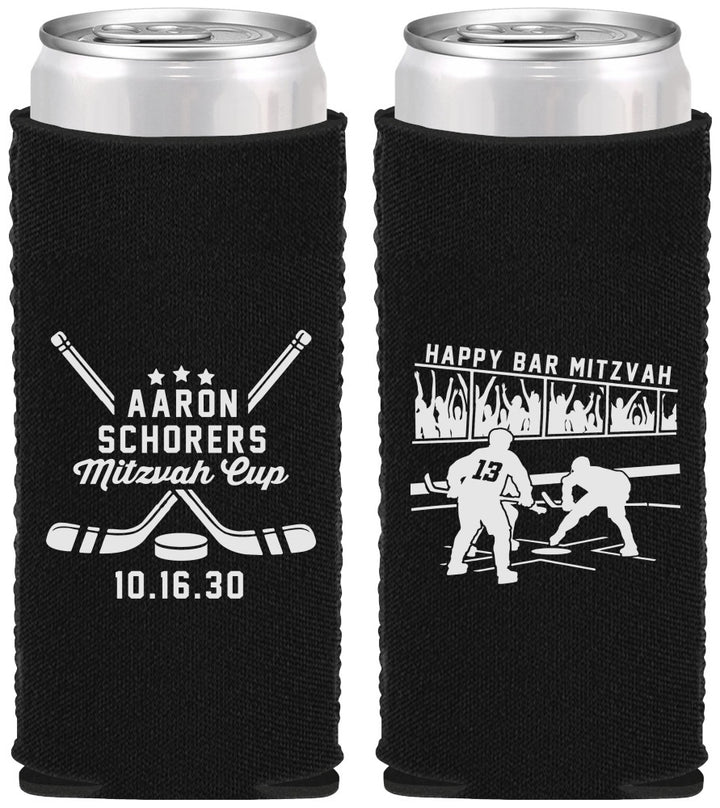 Custom Bar Mitzvah Neoprene Slim Can Coolers - 13th Birthday Hockey | 110007