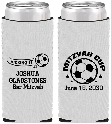 Custom Bar Mitzvah Neoprene Slim Can Coolers - 13th Birthday Soccer | 110008