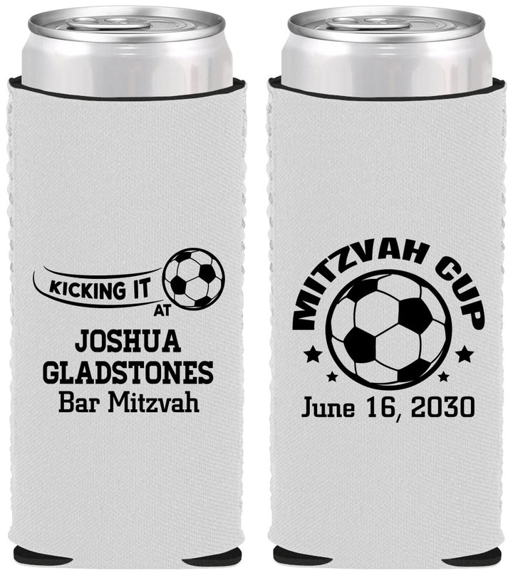 Custom Bar Mitzvah Neoprene Slim Can Coolers - 13th Birthday Soccer | 110008