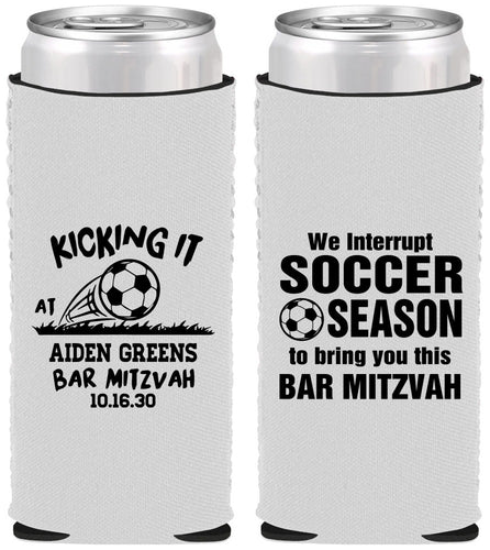 Custom Bar Mitzvah Neoprene Slim Can Coolers - 13th Birthday Soccer | 110009