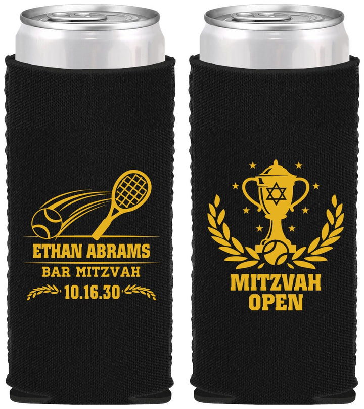 Custom Bar Mitzvah Neoprene Slim Can Coolers - 13th Birthday Tennis | 110011