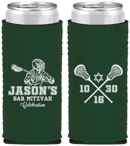 Custom Bar Mitzvah Neoprene Slim Can Coolers - 13th Birthday Lacrosse | 110012