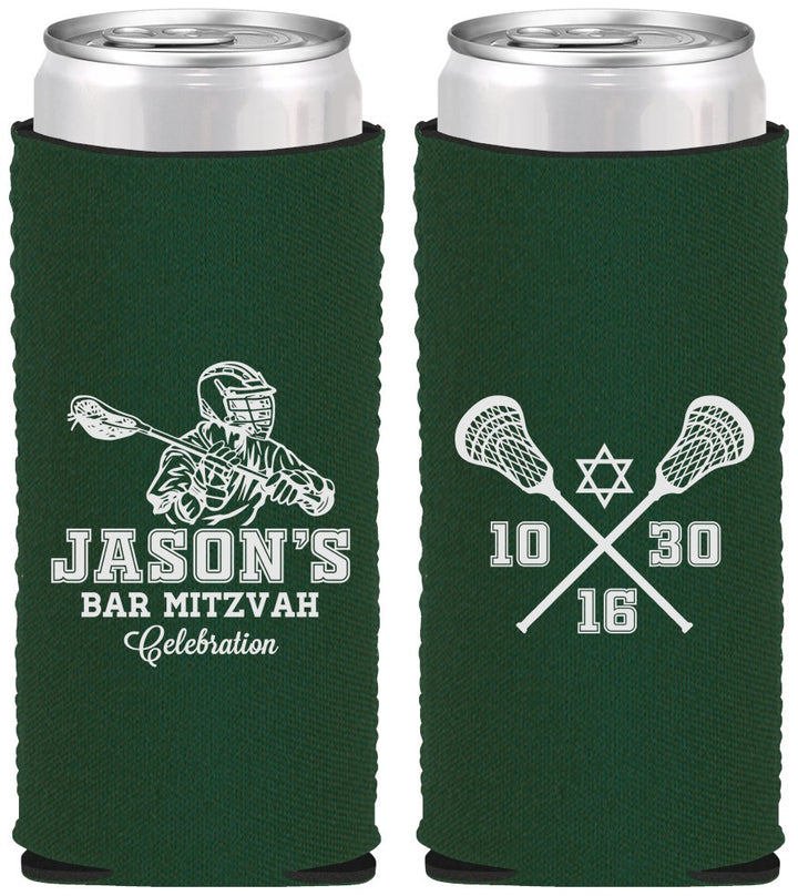 Custom Bar Mitzvah Neoprene Slim Can Coolers - 13th Birthday Lacrosse | 110012