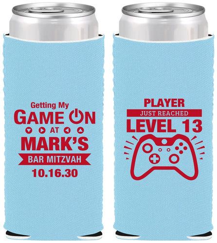 Custom Bar Mitzvah Neoprene Slim Can Coolers - 13th Birthday Video Game | 110013