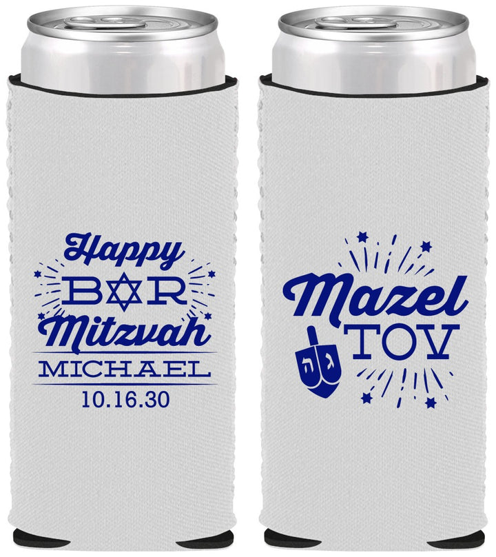Custom Bar Mitzvah Neoprene Slim Can Coolers - 13th Birthday Mazel Tov | 110017