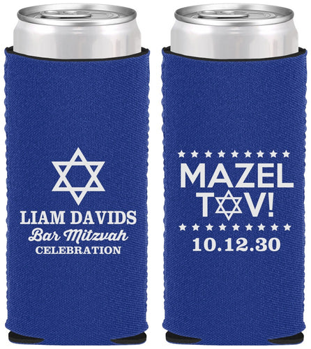 Custom Bar Mitzvah Neoprene Slim Can Coolers - 13th Birthday Mazel Tov | 110018