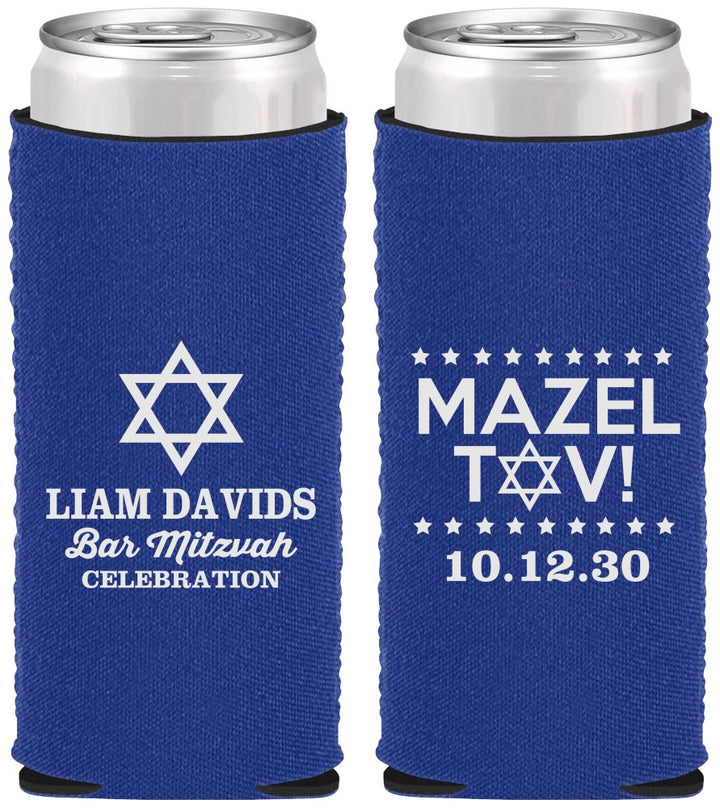 Custom Bar Mitzvah Neoprene Slim Can Coolers - 13th Birthday Mazel Tov | 110018