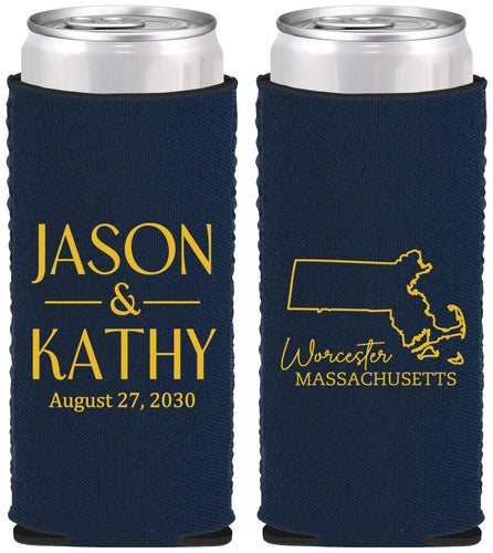 Custom Wedding Neoprene Slim Can Coolers - Massachusetts | 120