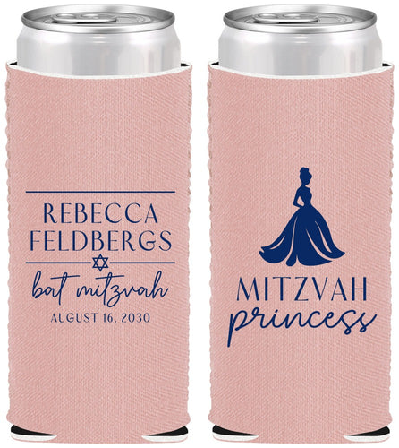 Custom Bat Mitzvah Neoprene Slim Can Coolers - 12th Birthday Princess | 120003