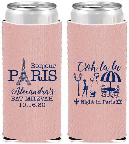 Custom Bat Mitzvah Neoprene Slim Can Coolers - 12th Birthday Paris | 120004