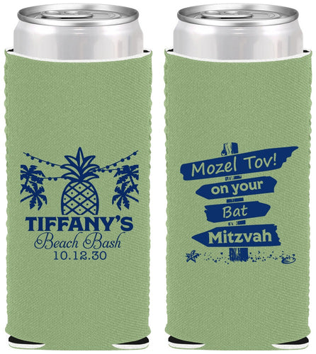 Custom Bat Mitzvah Neoprene Slim Can Coolers - 12th Birthday Beach | 120005