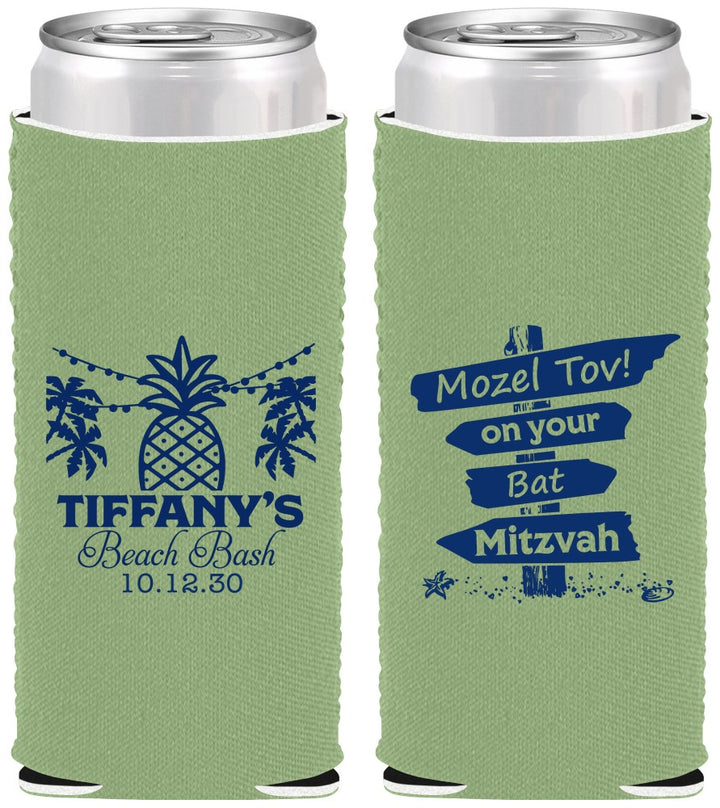 Custom Bat Mitzvah Neoprene Slim Can Coolers - 12th Birthday Beach | 120005