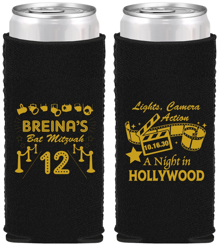 Custom Bat Mitzvah Neoprene Slim Can Coolers - 12th Birthday Hollywood | 120006