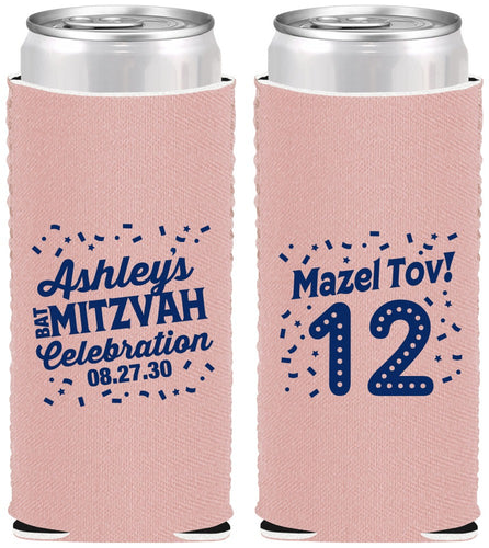 Custom Bat Mitzvah Neoprene Slim Can Coolers - 12th Birthday Mazel Tov | 120007