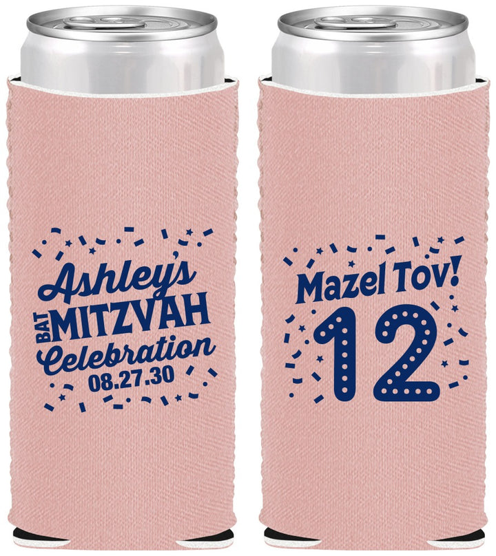 Custom Bat Mitzvah Neoprene Slim Can Coolers - 12th Birthday Mazel Tov | 120007