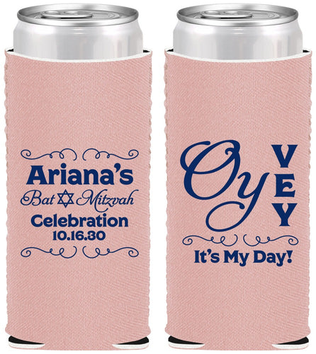 Custom Bat Mitzvah Neoprene Slim Can Coolers - 12th Birthday Oy Vey | 120008