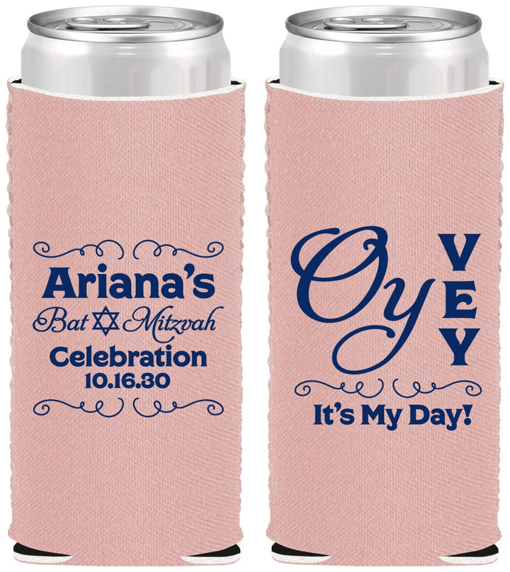 Custom Bat Mitzvah Neoprene Slim Can Coolers - 12th Birthday Oy Vey | 120008