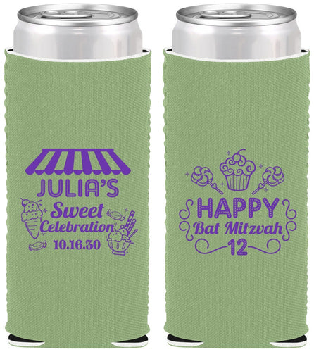 Custom Bat Mitzvah Neoprene Slim Can Coolers - 12th Birthday Cupcake | 120010