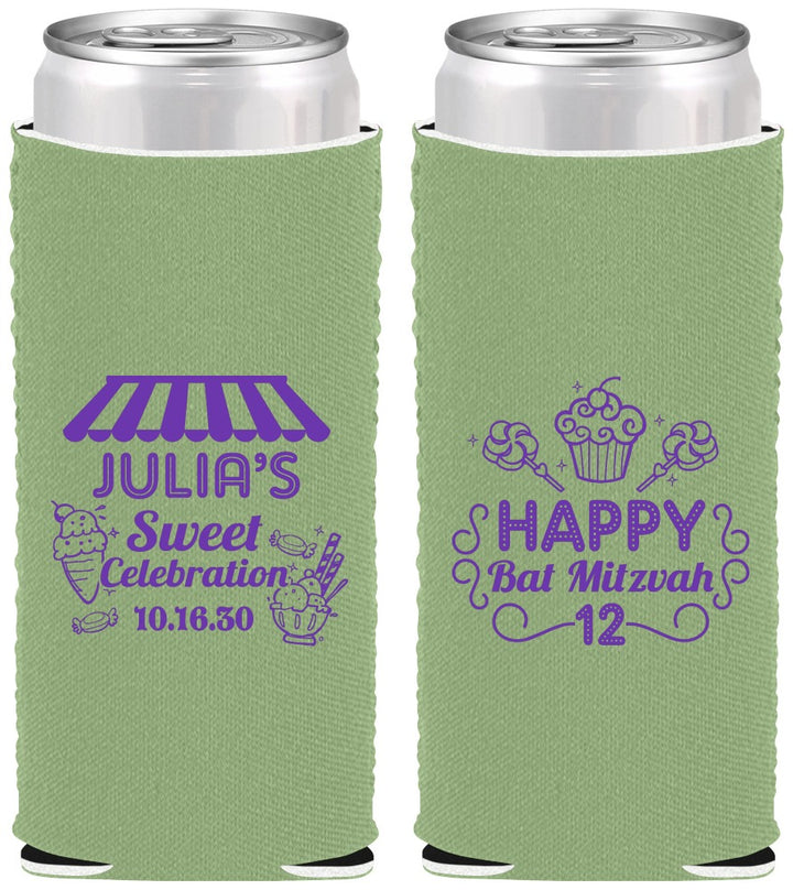 Custom Bat Mitzvah Neoprene Slim Can Coolers - 12th Birthday Cupcake | 120010