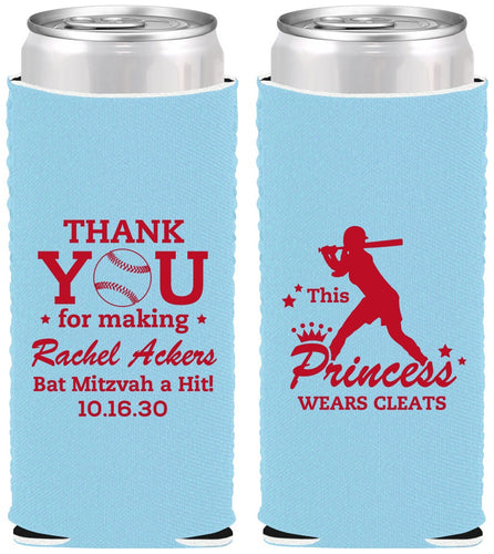 Custom Bat Mitzvah Neoprene Slim Can Coolers - 12th Birthday Softball | 120011