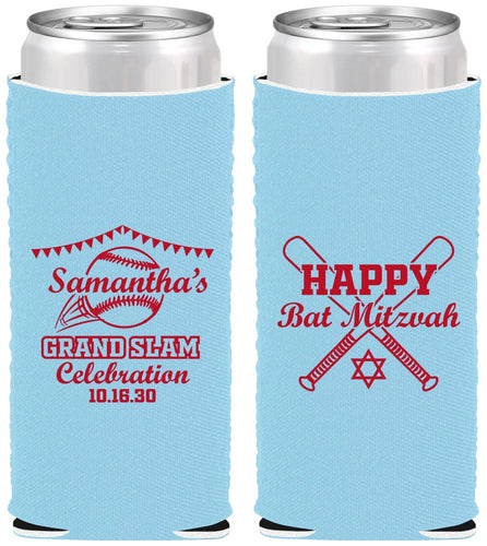 Custom Bat Mitzvah Neoprene Slim Can Coolers - 12th Birthday Softball | 120012