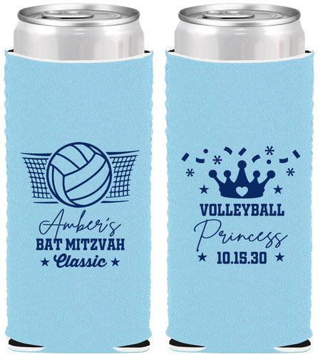 Custom Bat Mitzvah Neoprene Slim Can Coolers - 12th Birthday Volleyball | 120015