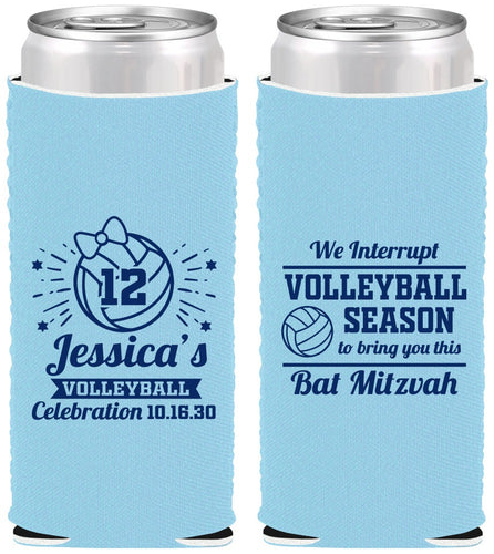 Custom Bat Mitzvah Neoprene Slim Can Coolers - 12th Birthday Volleyball | 120016