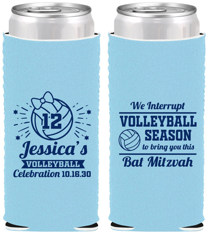 Custom Bat Mitzvah Neoprene Slim Can Coolers - 12th Birthday Volleyball | 120016