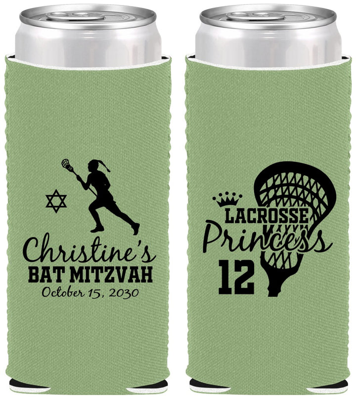 Custom Bat Mitzvah Neoprene Slim Can Coolers - 12th Birthday Lacrosse | 120017