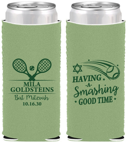 Custom Bat Mitzvah Neoprene Slim Can Coolers - 12th Birthday Tennis | 120018