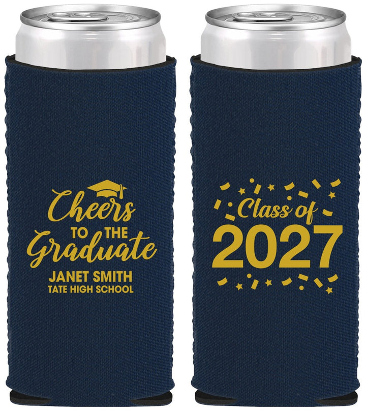 Custom Graduation Neoprene Slim Can Coolers - Class Of 2027 Cheers Graduate | 130021