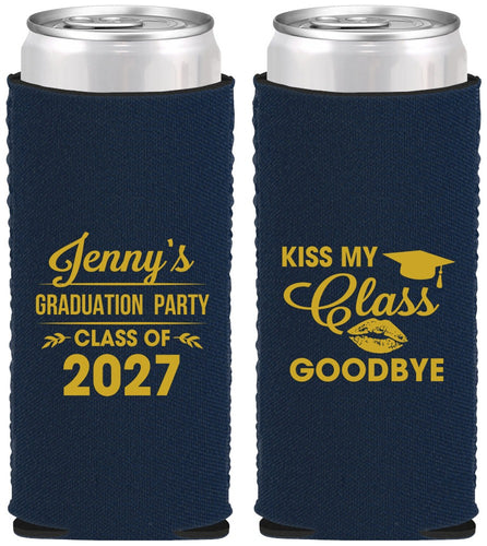 Custom Graduation Neoprene Slim Can Coolers - Class Of 2027 Kiss Class Goodbye | 130028