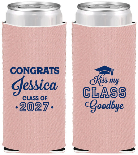 Custom Graduation Neoprene Slim Can Coolers - Class Of 2027 Kiss Class Goodbye | 130029